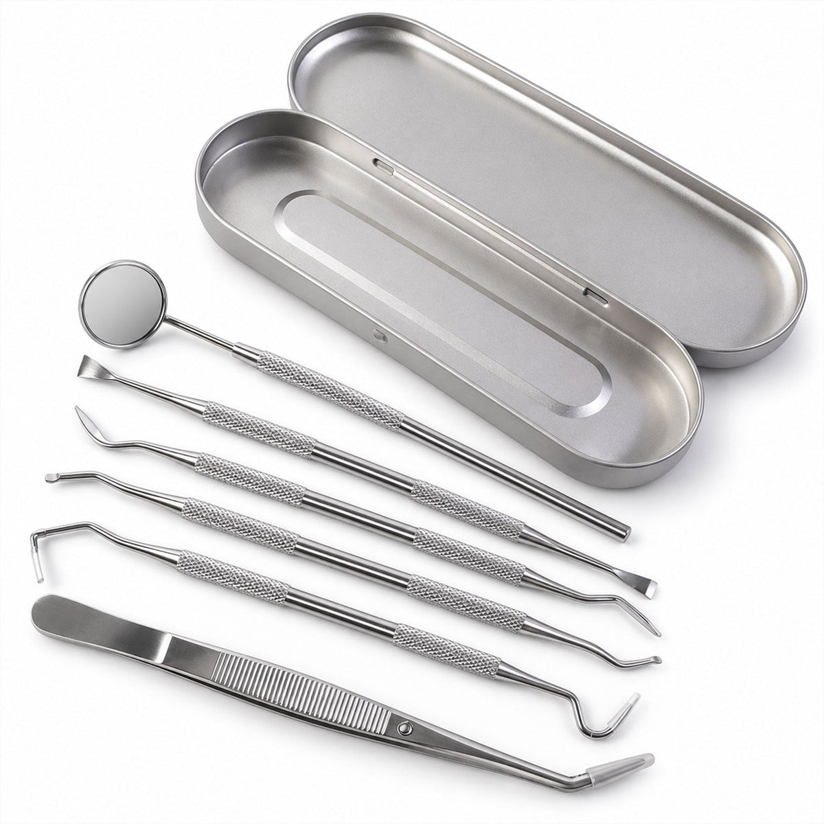 The complete six-piece stainless steel dental tool set, including a mirror, various picks, and tweezers, laid out next to