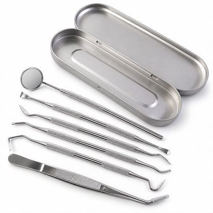 The complete six-piece stainless steel dental tool set, including a mirror, various picks, and tweezers, laid out next to