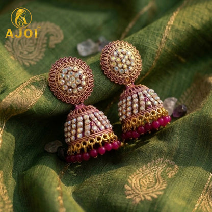 Elegant Pearl Studded Jhumka Earrings with Pink Beads Traditional