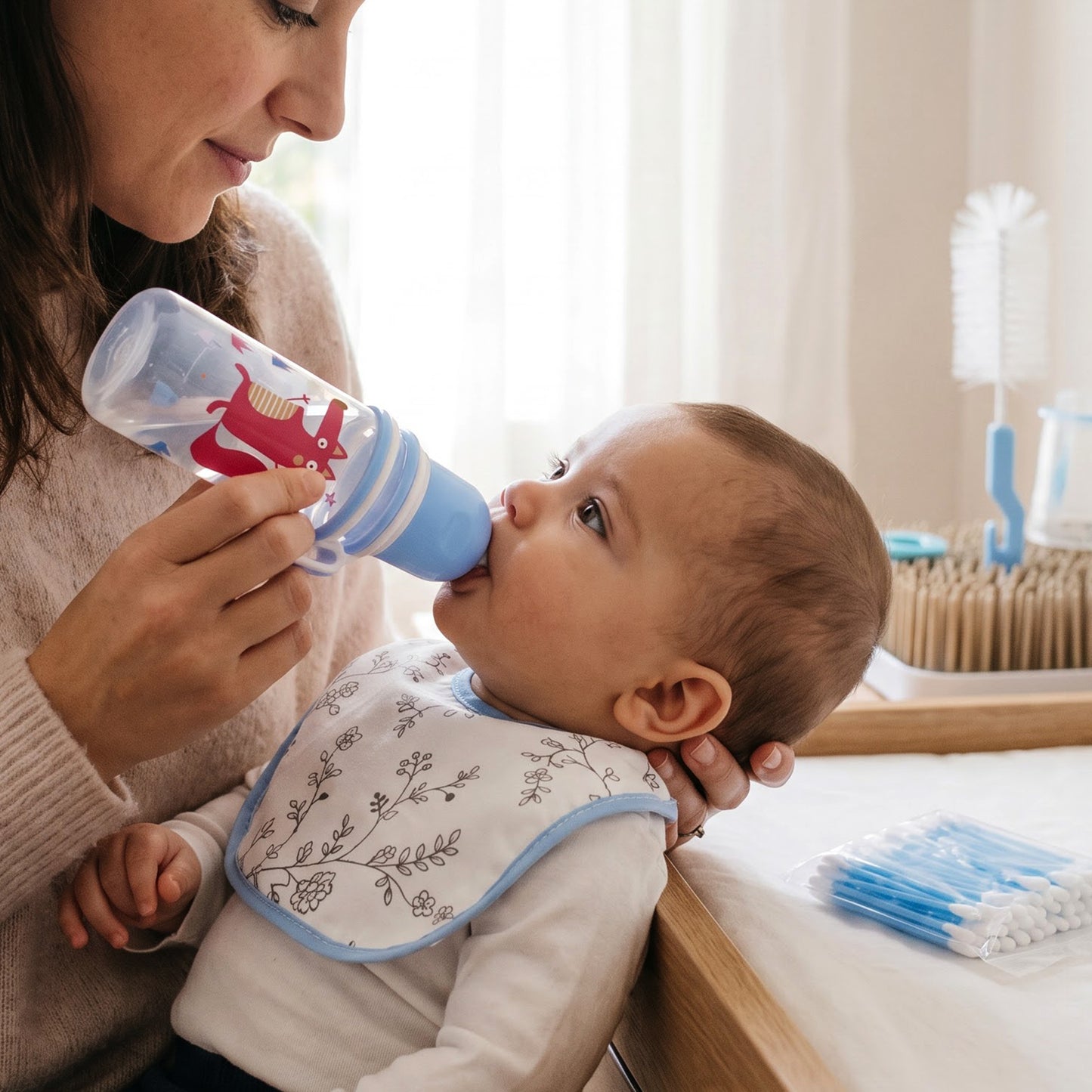 Plastic Baby Feeding Bottle Set with Bib Brush and Cotton Buds (1 Set)