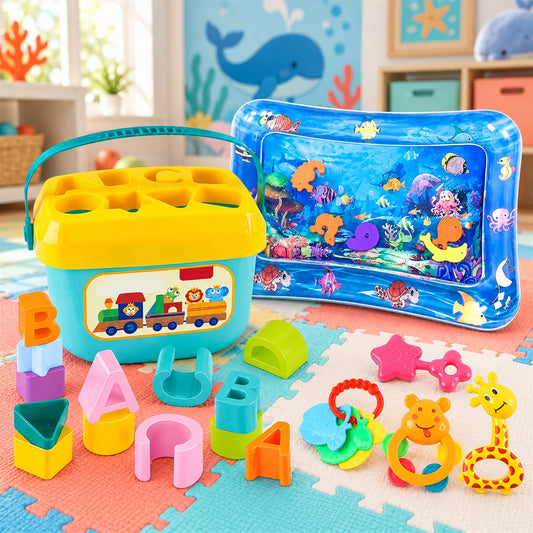 A blue water mat, yellow shape sorter, and colorful plastic rattles are arranged on a playmat.