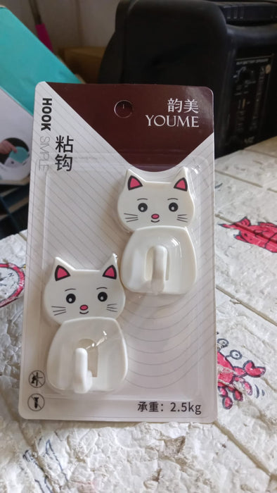 17616 Cute Cat Wall Mounted Hook, Heavy&nbsp;Duty Hook, Sticky Hook Household, For Home, All Type Wall Use Hook, Suitable for Bathroom, Kitchen, Office (2 Pc Set)
