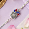 Square Carved Flower Dual Leaf Enamel Silver Chain Designer Rakhi