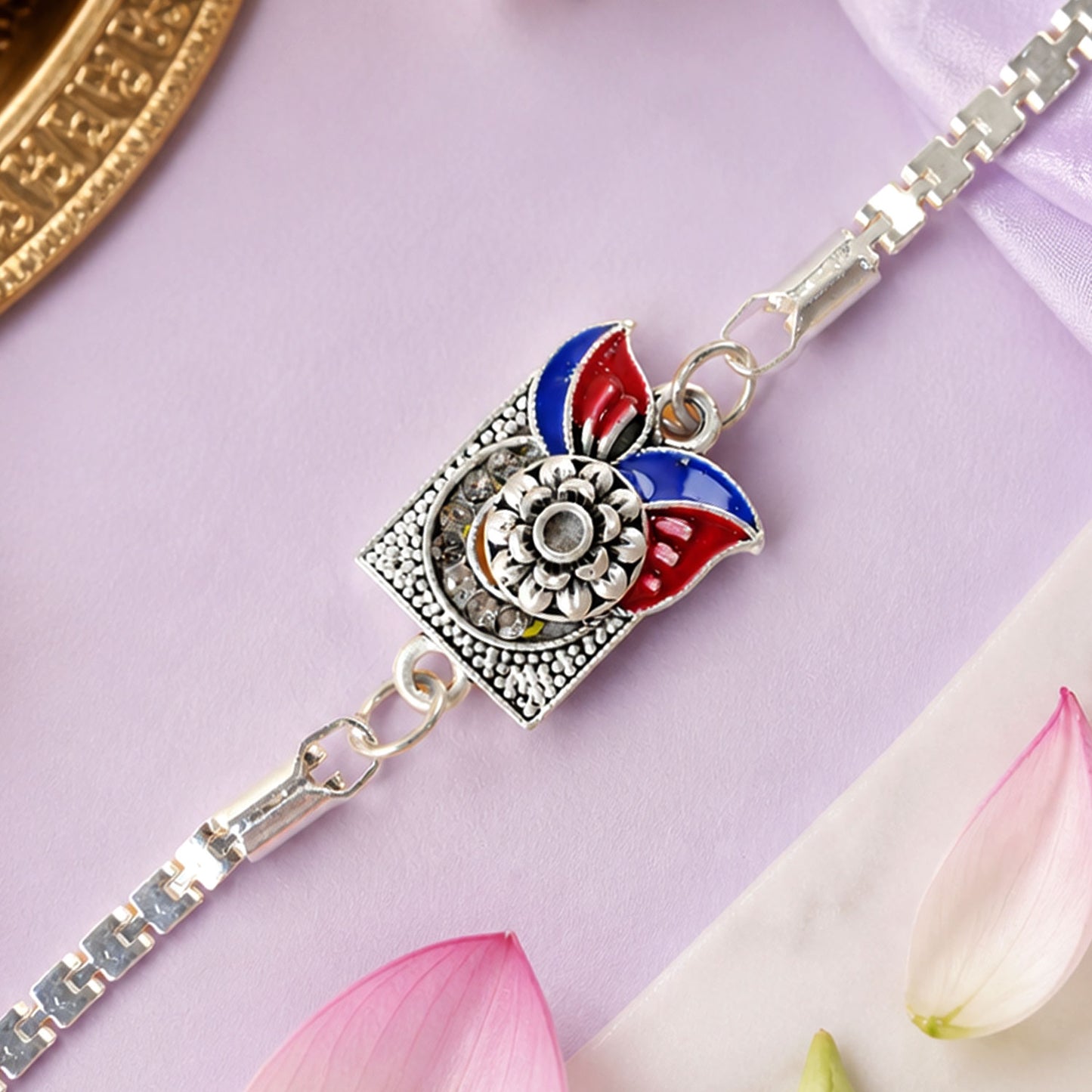 Square Carved Flower Dual Leaf Enamel Silver Chain Designer Rakhi