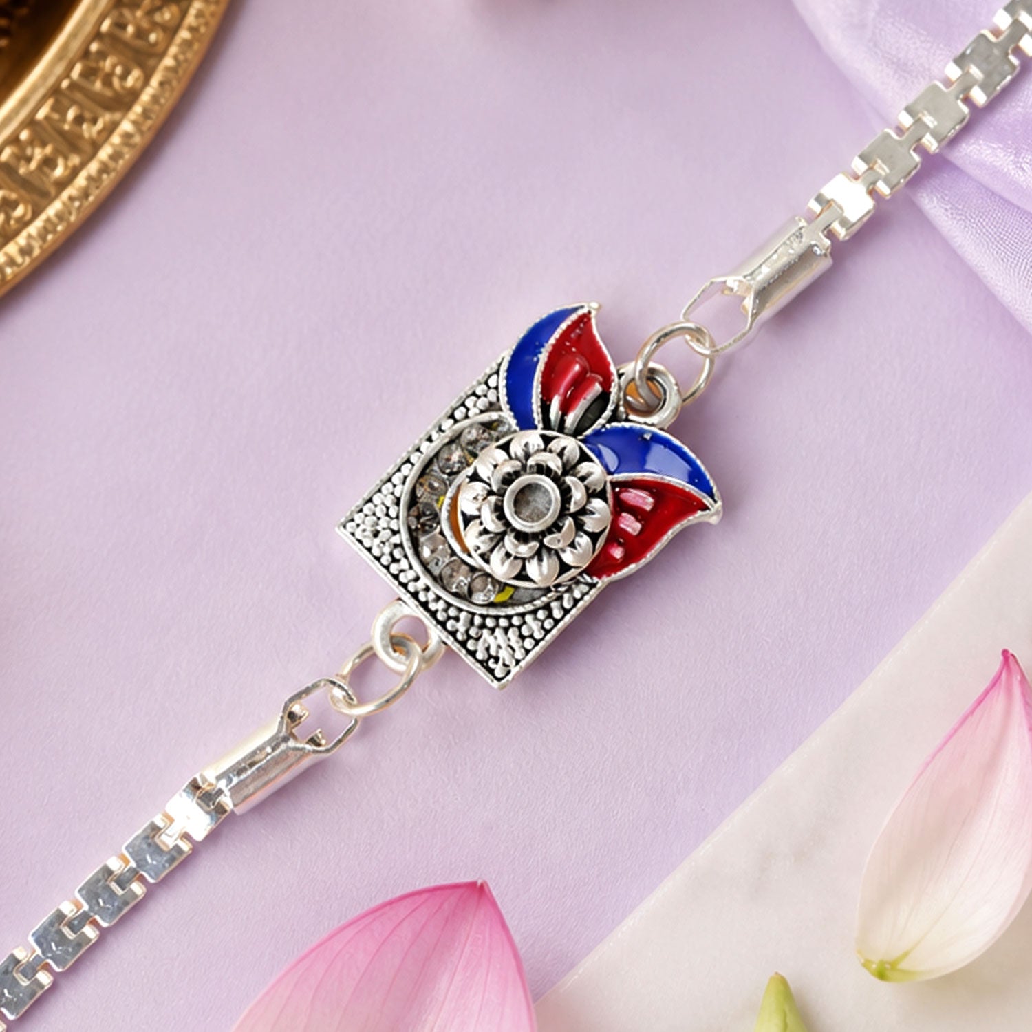 Square Carved Flower Dual Leaf Enamel Silver Chain Designer Rakhi