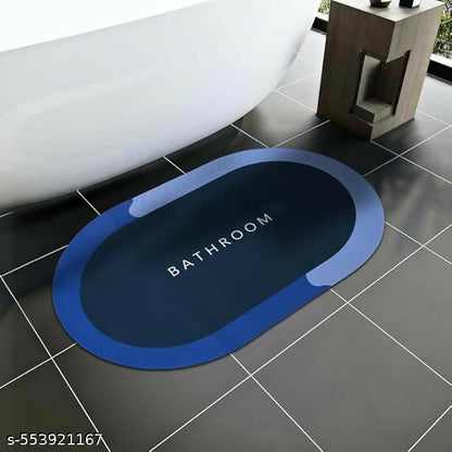 Anti-Slip Oval Bathroom Mat for Floor | Waterproof & Quick-Dry Soft Rubber Mat | Printed “BATHROOM” Design | Modern Anti-Skid Floor Mat for Bathroom, Bathtub, Toilet – Blue
