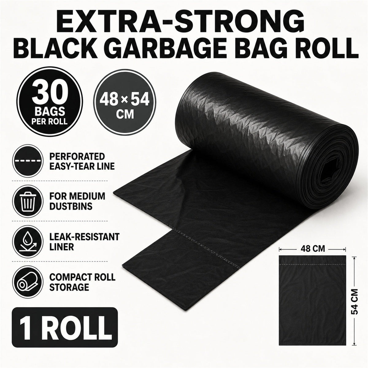 Extra-Strong Garbage Bag Roll – Leak-Proof & Tear-Resistant 48x54cm
