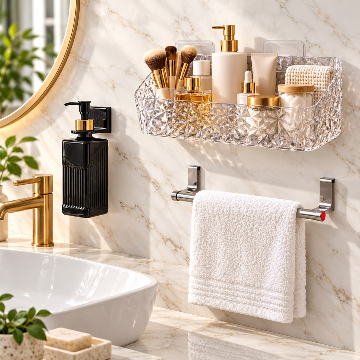A clear textured plastic shelf, black soap dispenser, and metal towel bar mounted on a marbled wall above a white sink.