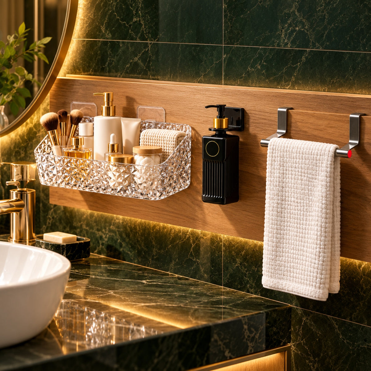 A clear textured plastic shelf and black soap dispenser on a wooden panel, with a towel bar on a dark green wall.