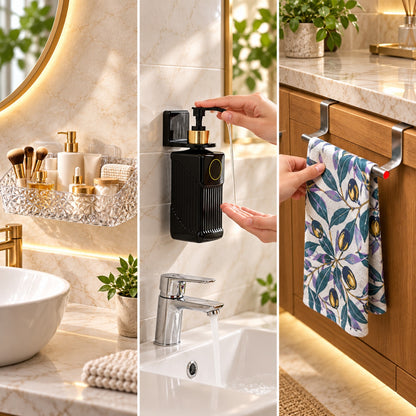 A three-panel image showing a bathroom shelf, hands using a soap dispenser, and hands hanging a patterned towel.