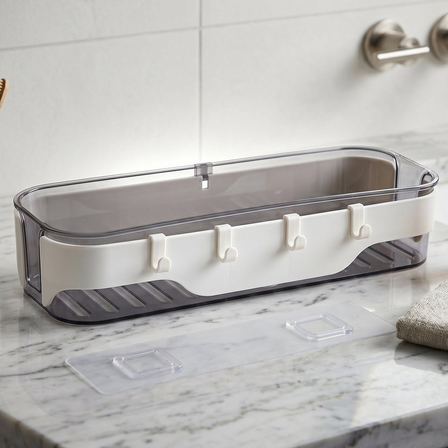 Wall-mounted transparent bathroom organizer shelf with hooks