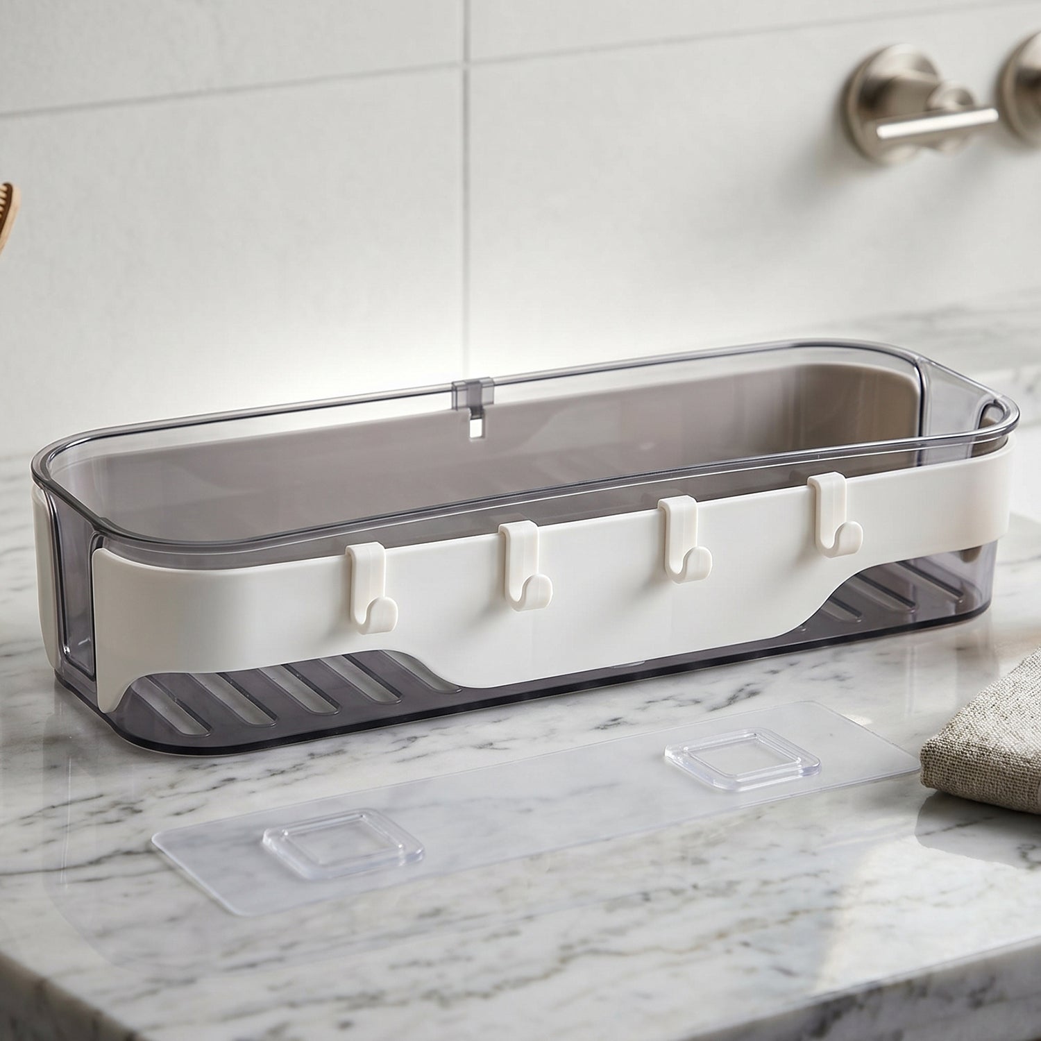 Wall-mounted transparent bathroom organizer shelf with hooks