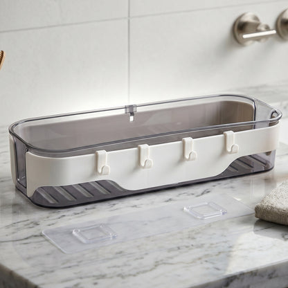 Wall-mounted transparent bathroom organizer shelf with hooks