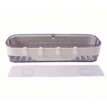 Space-saving bathroom storage rack with integrated hanging hooks