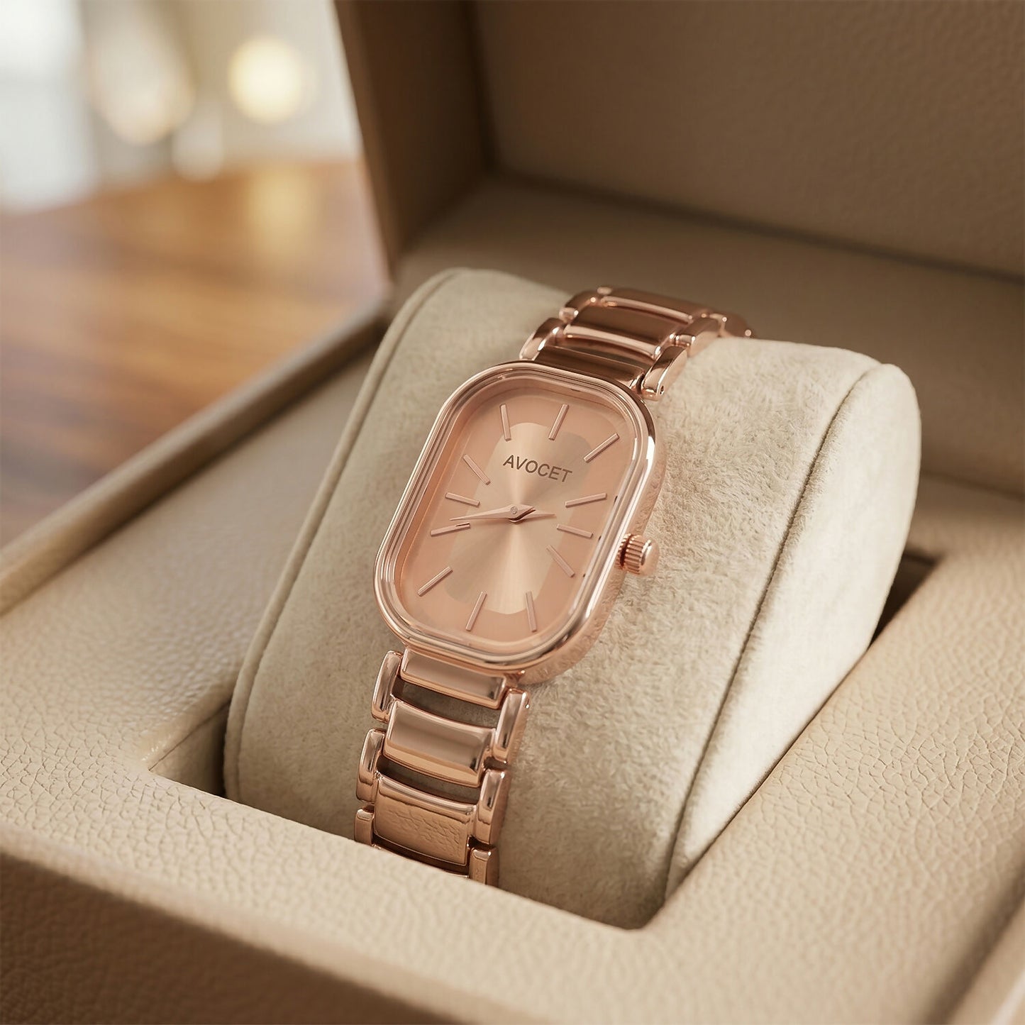 Elegant Rose Gold Rectangular Dial Women’s Watch with Premium Metal Strap