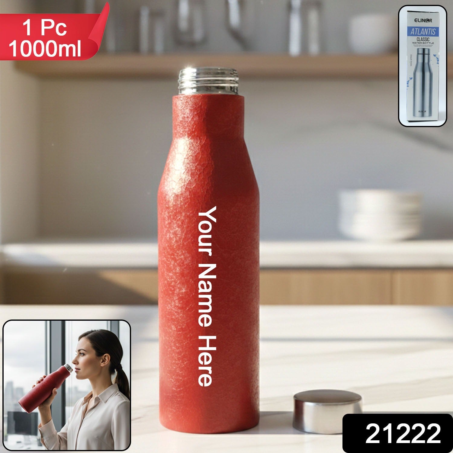 Custom Stainless Steel Water Bottle Red Color (1000 ml, 1 Pc)