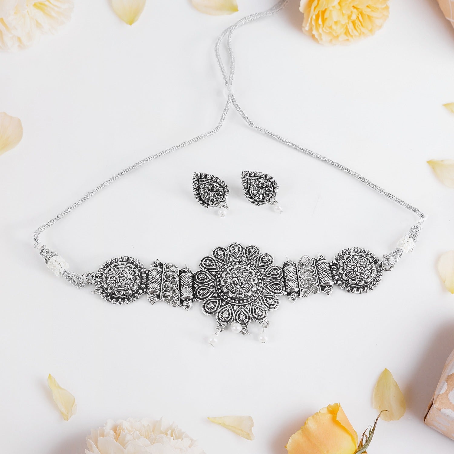 Oxidised Silver Choker With Matching Jhumas Earring For Women