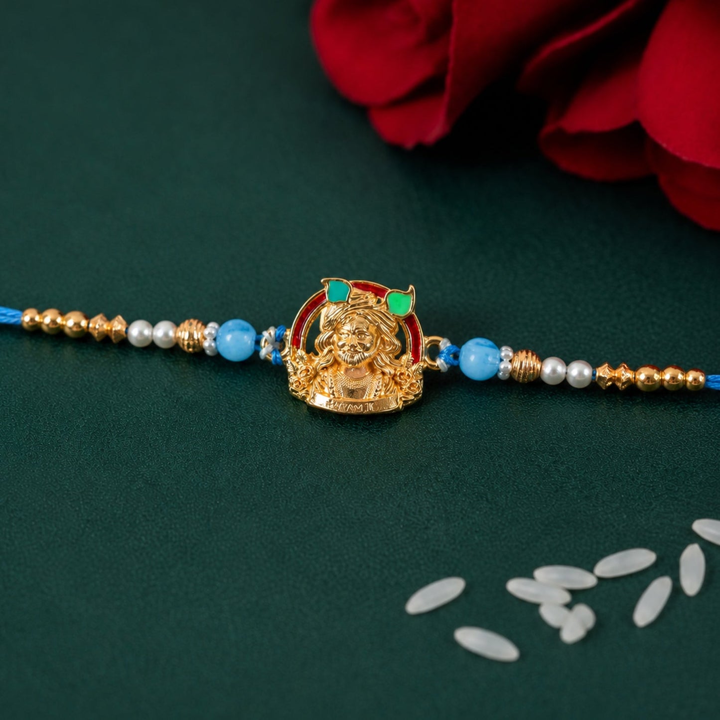 Gold-Toned Khatu Shyam Rakhi with Blue and Pearl Beads for Raksha Bandhan (10pcs)