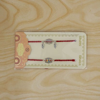 Iridescent Stone Bhaiya Bhabhi Rakhi Pair with Silver Leaf Charms for Couple Gift
