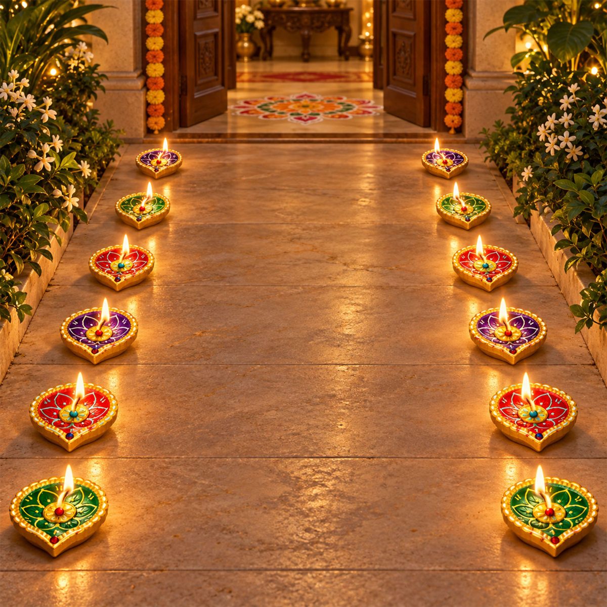 Decorative Painted Clay Diyas with Lotus Motifs and Gold-Tone Rims (12 Pc)