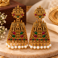 Women’s Antique Gold Temple Jhumka Earrings with Goddess Design, Red Green Stone Work and Pearl Bead Drops, Traditional Ethnic Wedding Jewellery