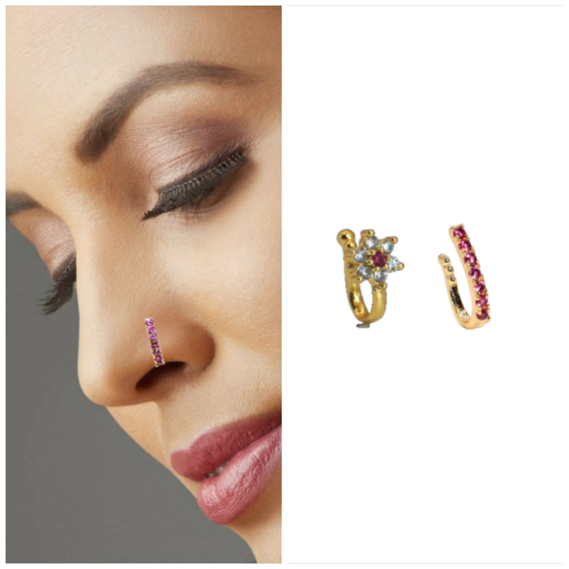 Set of 4 gold-tone non-pierced nose rings with sparkling stones on display