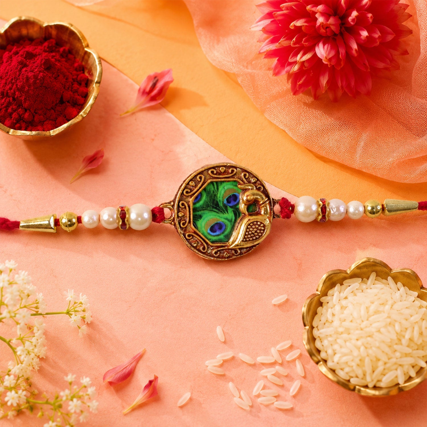 Shop Peacock Feather Rakhi with Pearl Bead Accents Red Thread (5pcs)