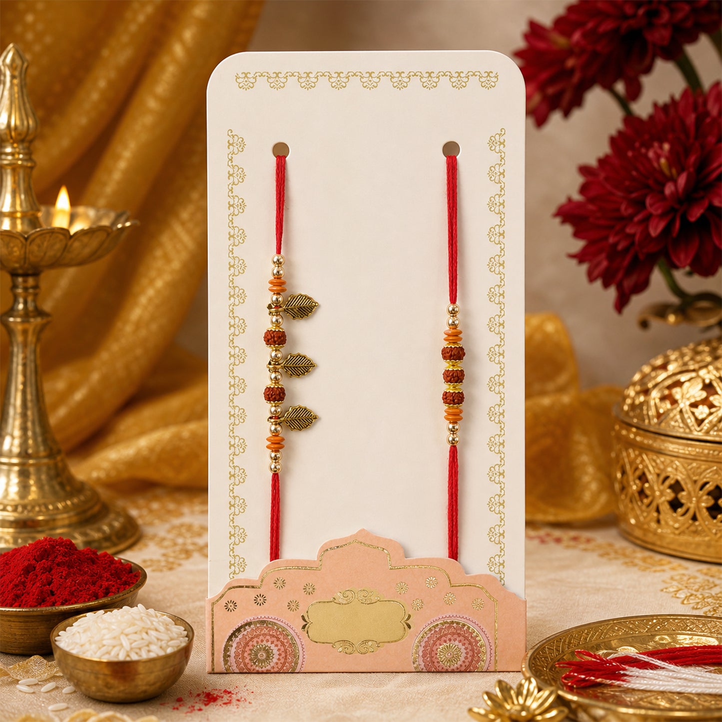 Couple Rakhi Set with Rudraksha Beads, Orange Spacers and Leaf Charms
