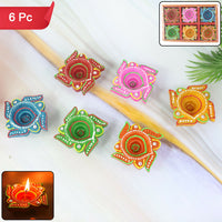 Handcrafted Multicolor Clay Diya Set of 6 – Square Floral Design Decorative Oil Lamps for Diwali & Pooja (Mix Design)