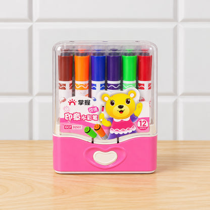Dual End Colour Sketch Marker Pens with Stamp Designs and Case (12 Pc)