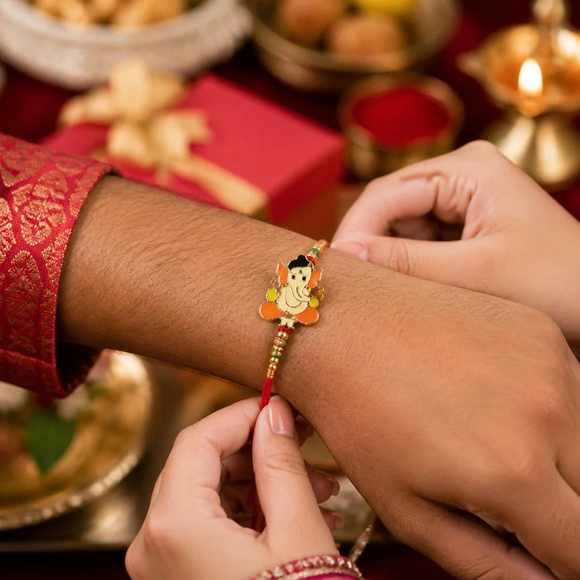 Bal Ganesha Rakhi Vibrant Orange-Green Beads & Red Thread (5pcs)