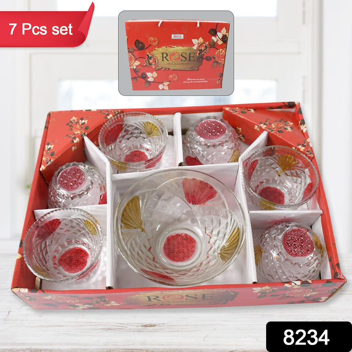8234 Rose glass Multipurpose Pudding / Dessert / Ice Cream Bowl Set for Home use, Home & Kitchen Serving Bowl for Sundae, Sweets, Snacks, Fruit, Pudding, Nuts or Dip, Serving Bowls 6 Medium & 1 Big Bowl (Set of 7 pc)