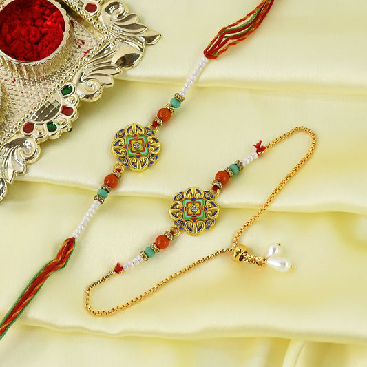 Vibrant Mandala Bhaiya Bhabhi Rakhi with pearl chain and Meenakari charm
