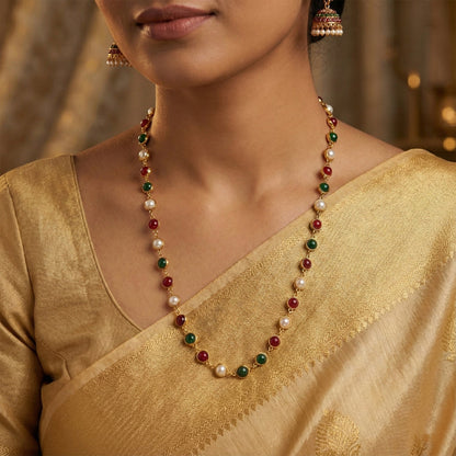 Multicolor Beaded Pearl Necklace – Elegant Red & Green Stone Accent