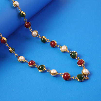 Multicolor Beaded Pearl Necklace – Elegant Red & Green Stone Accent