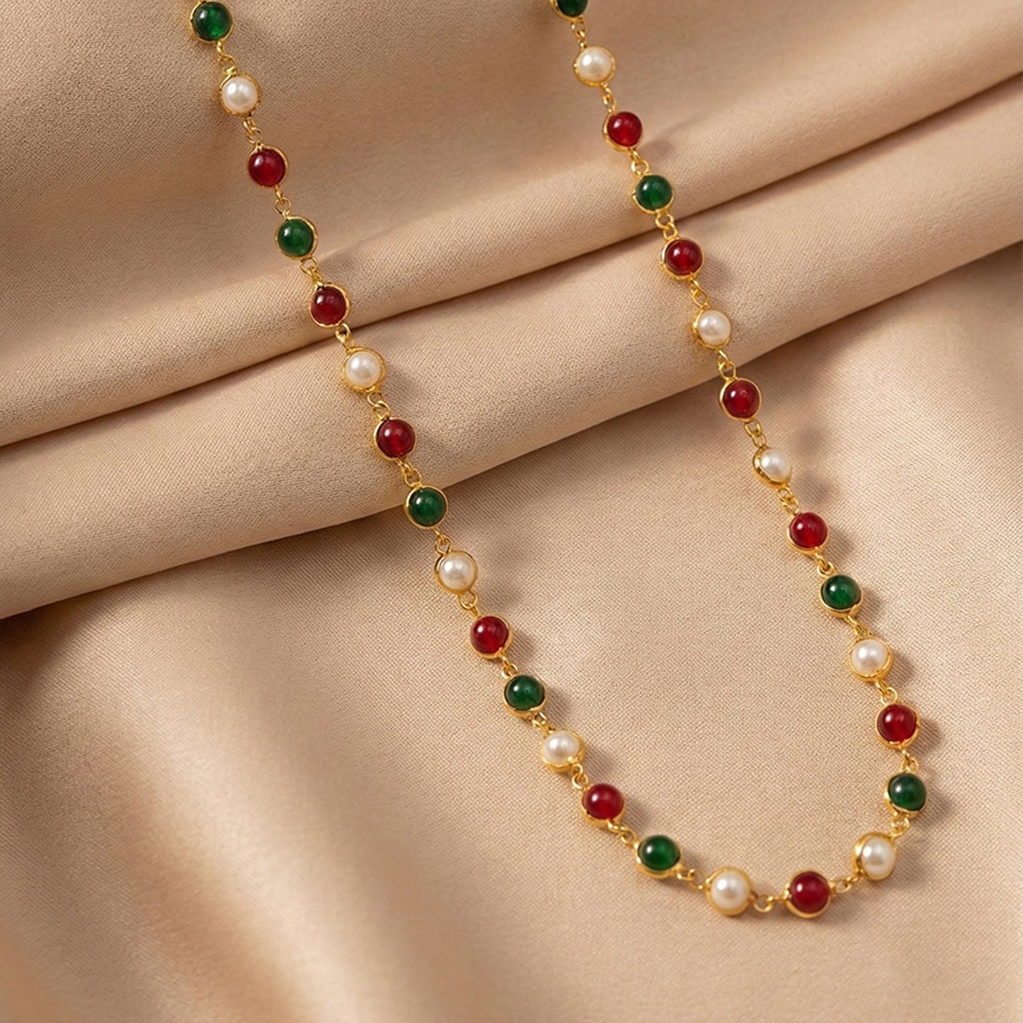Multicolor Beaded Pearl Necklace – Elegant Red & Green Stone Accent