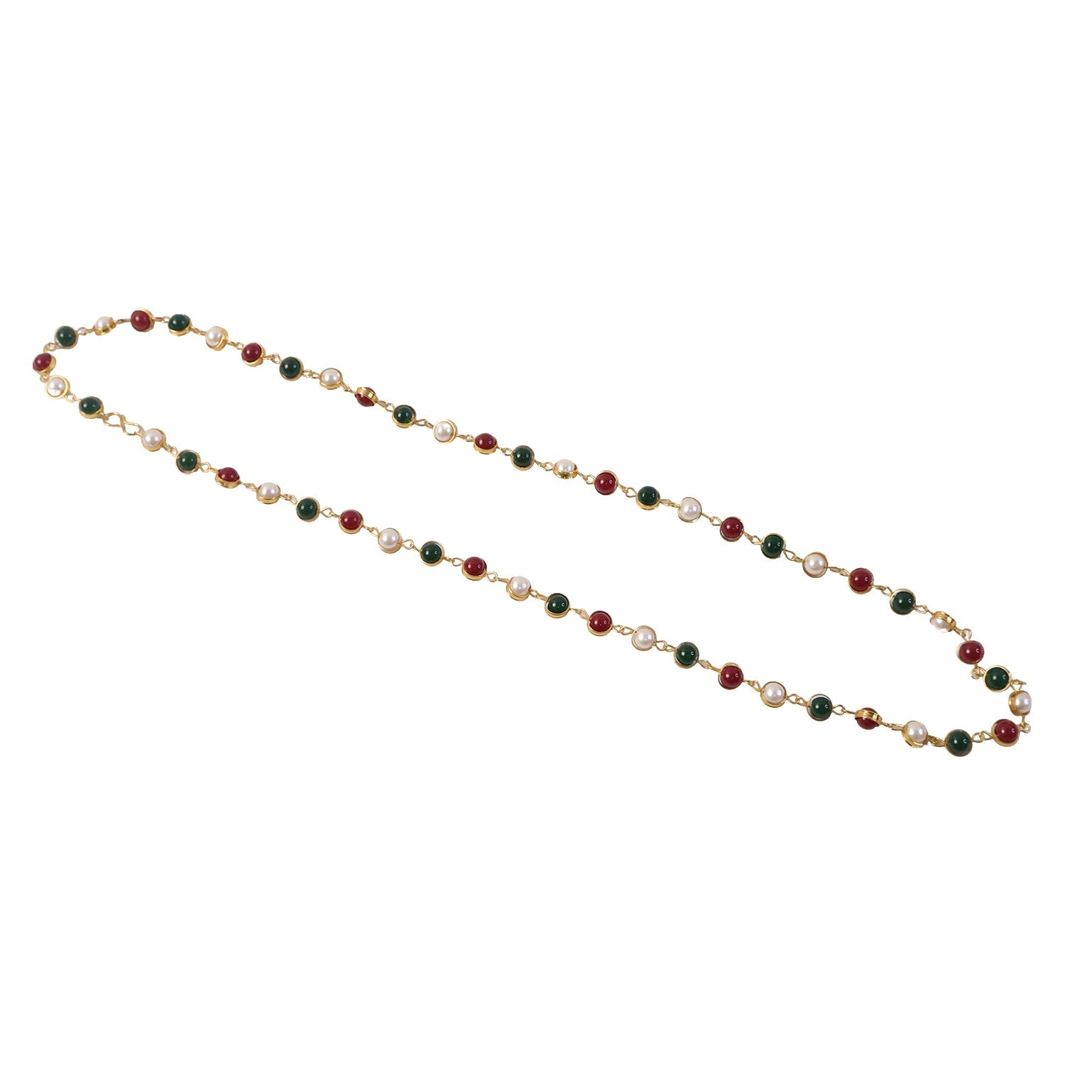 Multicolor Beaded Pearl Necklace – Elegant Red & Green Stone Accent