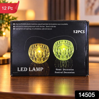 Crystal Look LED Tealight Lamps for Home Decor, Diwali and Parties (12 Pc Set)