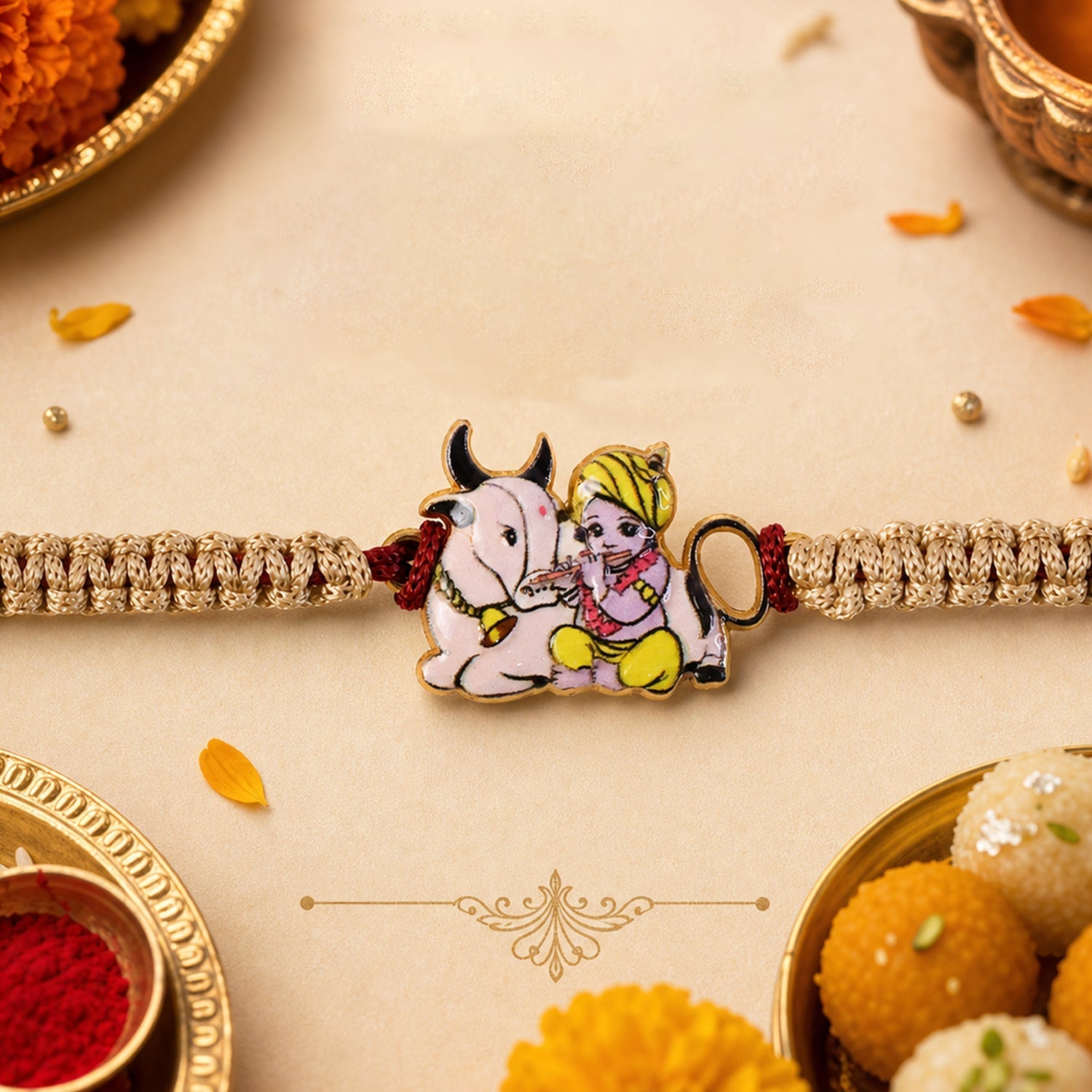 Bal Krishna with Cow Dori Rakhi and Butterscotch Chocolates, Pack of 3