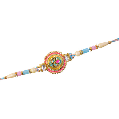 Round Floral Kundan Medallion Rakhi with Pastel Beads