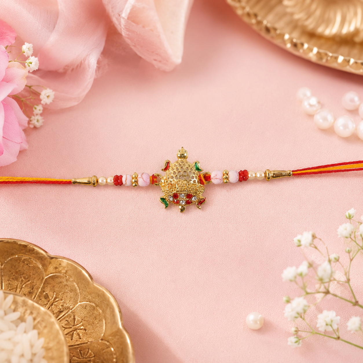 Gold Turtle Rakhi with Pink Pearls and Red Thread
