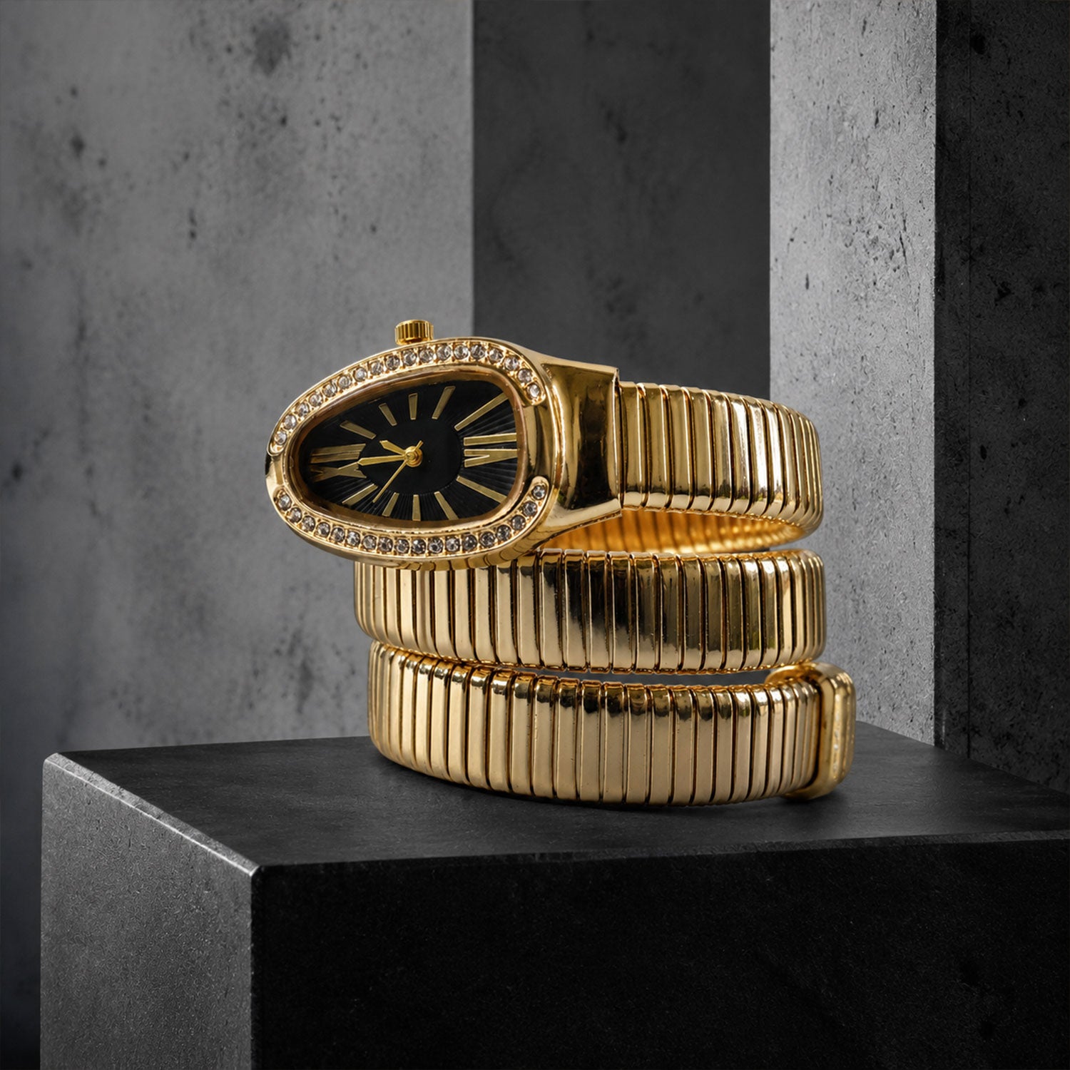 Gold Oval Snake Style Bracelet Watch with Black Dial and Crystal Border Design