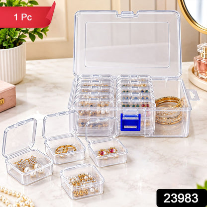 A clear plastic storage box with an open lid, revealing multiple small cases filled with various jewelry items. A – view 8