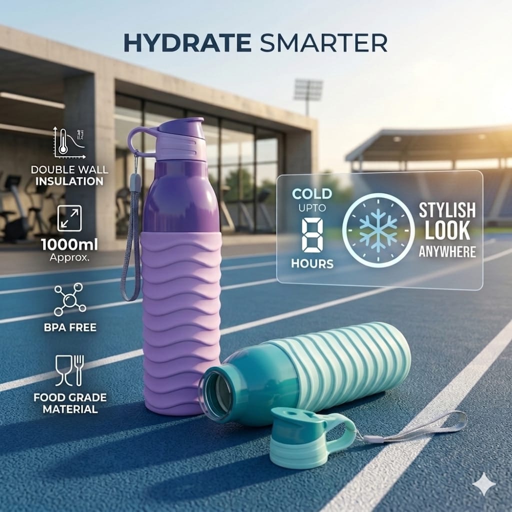 Double Wall Insulated Water Bottle with Grip Leak-Proof Thermos Flask for Gym Office & Travel (1000ml) (Any One Bottle)