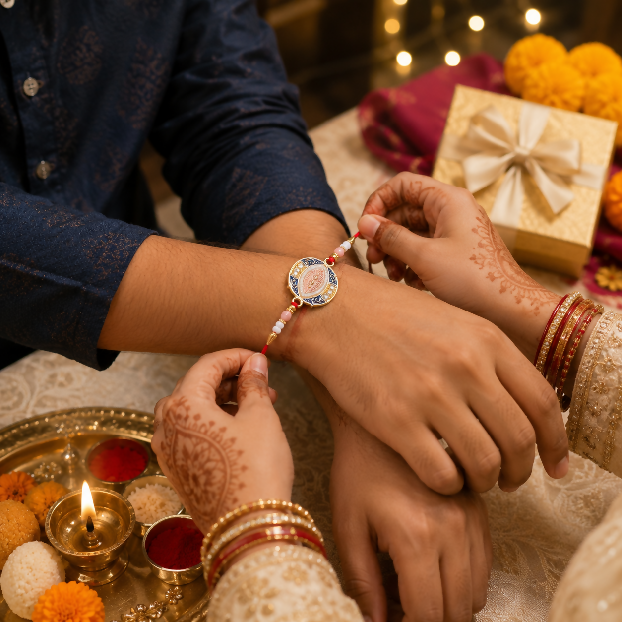 A person's hands tie a blue, pink, and gold Rakhi with a central oval design onto another person's wrist, with festive