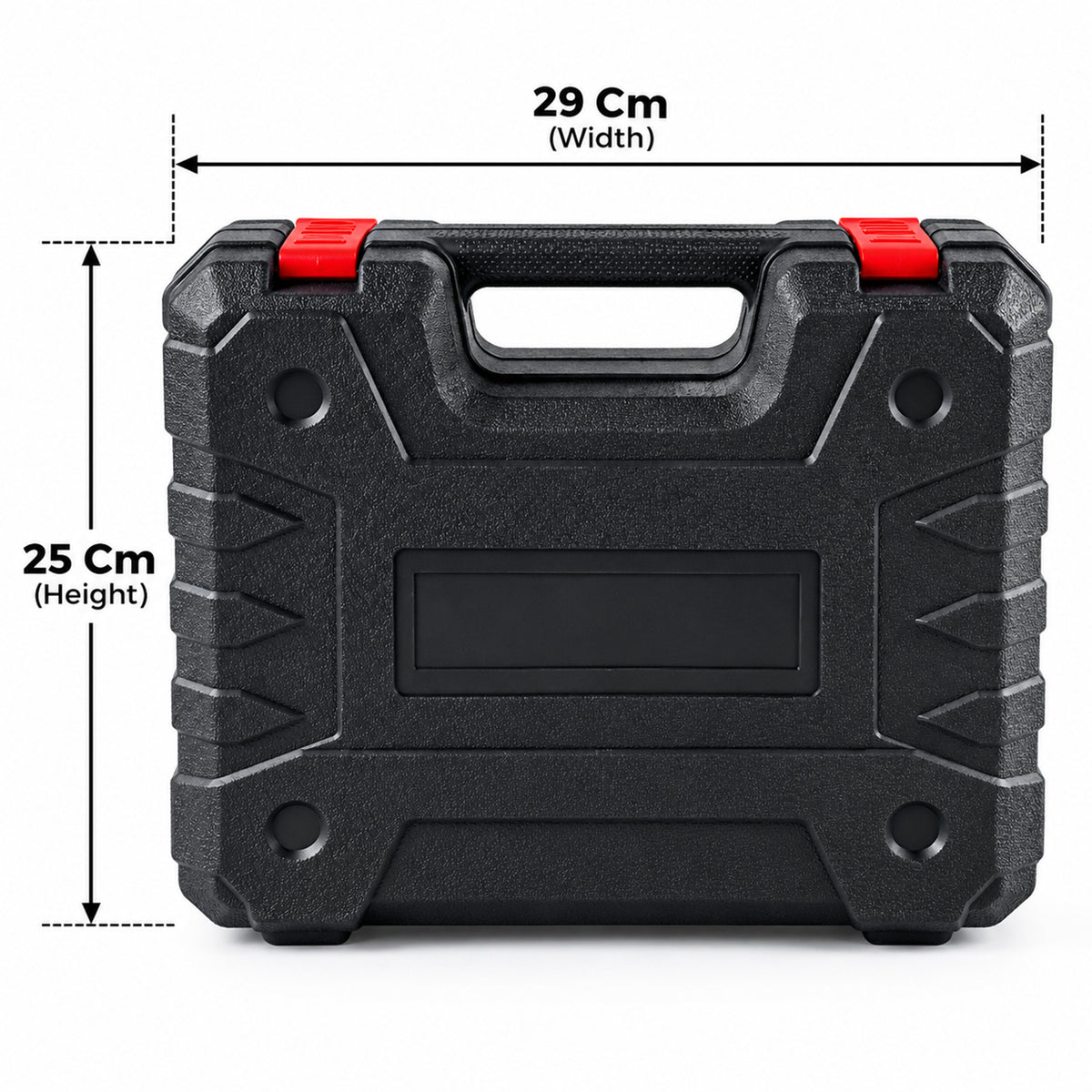 A closed black plastic carry case with red latches is shown with dimensions of 29 cm width and 25 cm height.