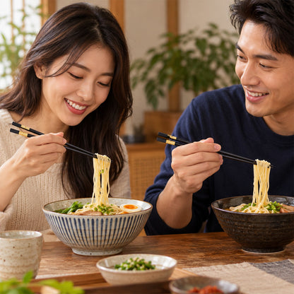 A smiling couple uses black chopsticks with gold bands to eat noodles from patterned bowls at a wooden table.