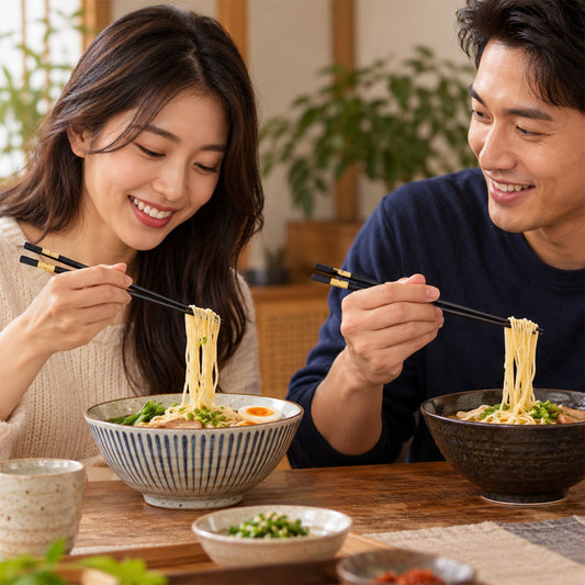 A smiling couple uses black chopsticks with gold bands to eat noodles from patterned bowls at a wooden table.