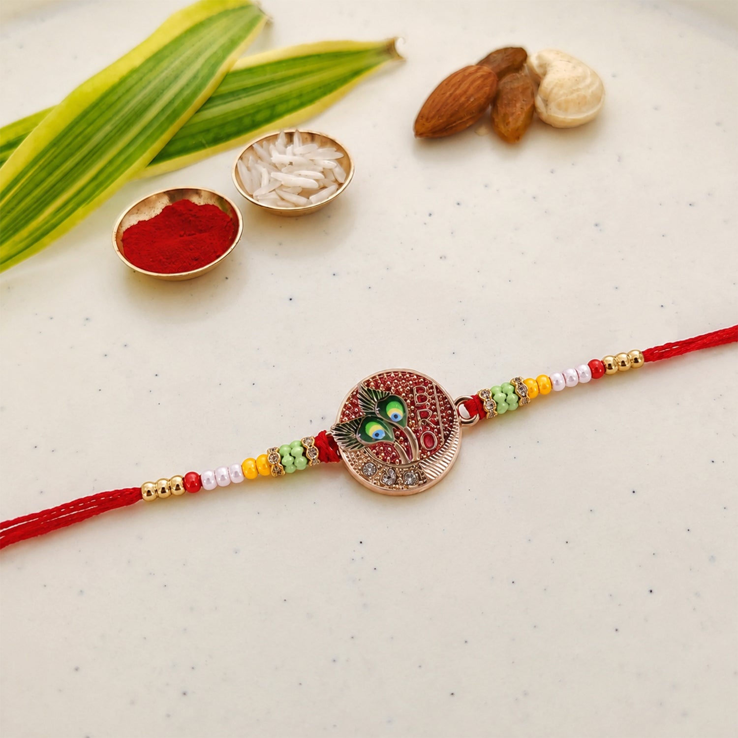 Peacock Feather Beaded Rakhi Elegant & Lightweight for Brothers (5pcs)