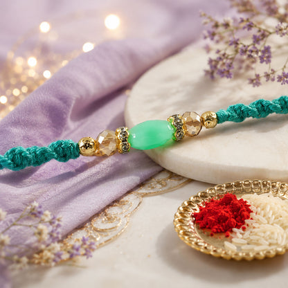Turquoise Macrame Bracelet Rakhi with Mint Beads, Pearl Accents and Modern Thread